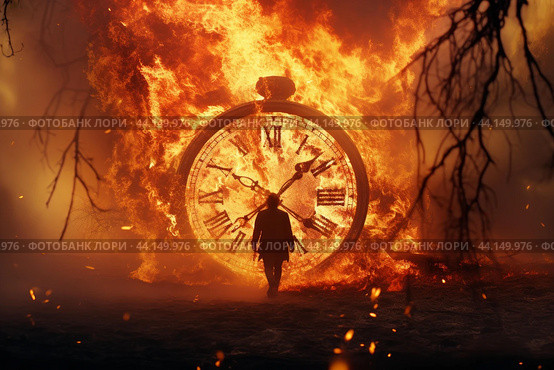 Time's fury: silhouette against fiery clock explosion. Стоковое AI-изображение, AI-художник Иван Рябоконь / Фотобанк Лори