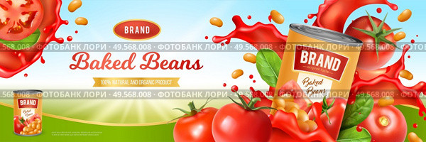 Tin of tasty baked beans on background with tomato sauce and green leaves realistic vector illustration. Стоковая иллюстрация, агентство Ingram Publishing / Фотобанк Лори