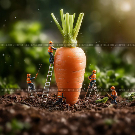 Tiny workers harvest large carrot using ladders and tools in garden. В саду миниатюрные рабочие взбираются по лестницам и с помощью инструментов собирают гигантскую морковь с земли, демонстрируя командную работу и усилия в сельскохозяйственных работах. Стоковое AI-изображение, AI-художник Katsiaryna Repich / Фотобанк Лори