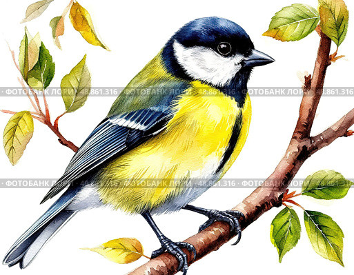 Titmouse. Watercolor illustration on white background. Стоковое AI-изображение, AI-художник Ирина Самойлова / Фотобанк Лори