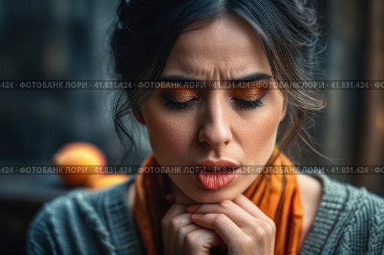 Tonsillitis and angina concept. Sick woman with closed eyes touching her sore throat. Unhealthy female with painful feelings in neck feels discomfort, hard to swallow, irritation or loss of voice. AI. Стоковое AI-изображение, AI-художник Sergey Grishin / Фотобанк Лори