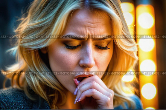 Tonsillitis and angina concept. Sick woman with closed eyes touching her sore throat. Unhealthy female with painful feelings in neck feels discomfort, hard to swallow, irritation or loss of voice. AI. Стоковое AI-изображение, AI-художник Sergey Grishin / Фотобанк Лори