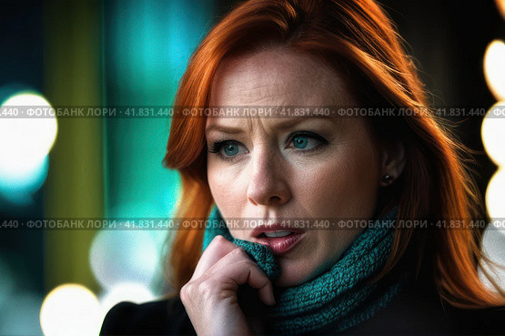 Tonsillitis and angina concept. Sick woman with closed eyes touching her sore throat. Unhealthy female with painful feelings in neck feels discomfort, hard to swallow, irritation or loss of voice. AI. Стоковое AI-изображение, AI-художник Sergey Grishin / Фотобанк Лори