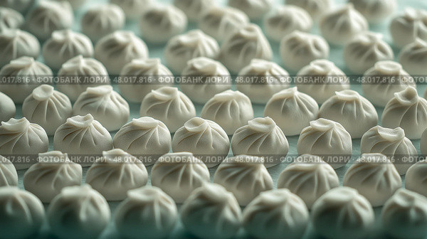 Top Down View of Raw Dumplings Evenly Arranged on White Background. Вид сверху вниз на сырые пельмени, равномерно разложенные на белом фоне. Стоковое AI-изображение, AI-художник Katsiaryna Repich / Фотобанк Лори