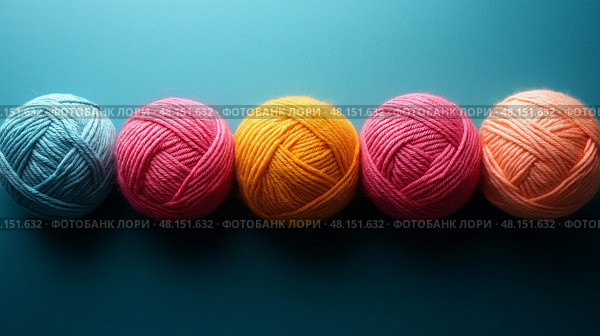 Top-Down View of Scattered Colorful Yarn Balls on Playful Textured Background.  разложенные разноцветные клубки пряжи на текстурированном фоне. Стоковое AI-изображение, AI-художник Katsiaryna Repich / Фотобанк Лори