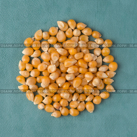 Top view of circle of corn against blue vinyl background. Стоковое фото, агентство Ingram Publishing / Фотобанк Лори