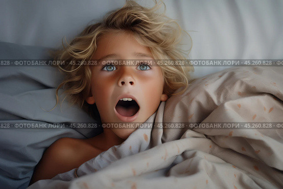 Top view, portrait of Boy with freckles lied in bed under blanket and yawns with wide opened mouth. He surprised, screaming or startled. Kid is surrounded by grey pillow and blanket. Стоковое AI-изображение, AI-художник Sergey Grishin / Фотобанк Лори