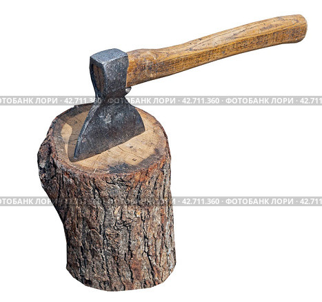 Топор, воткнутый в пень на белом фоне. Axe stuck in stump on white background. Стоковое фото, фотограф Татьяна Д / Фотобанк Лори