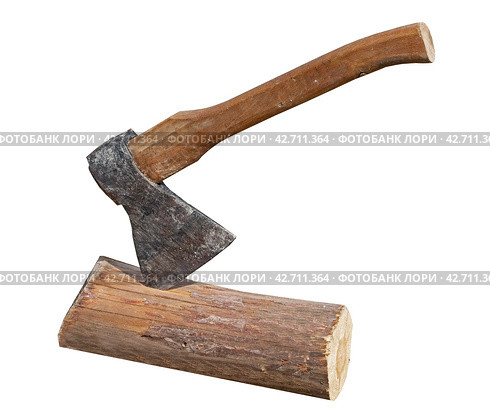 Топор, воткнутый в пень на белом фоне. Axe stuck in stump on white background. Стоковое фото, фотограф Татьяна Д / Фотобанк Лори