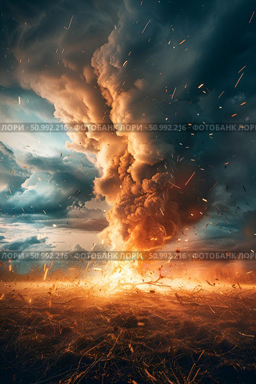 Tornado tearing through a town, illustrating the impact of natural disasters. Concept: Aftermath of natural disasters. For educational, emergency preparedness, and insurance materials. Стоковое AI-изображение, AI-художник Лариса Пономарева / Фотобанк Лори