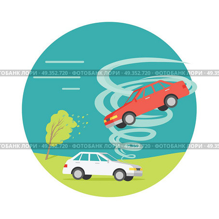 Tornado Twisted Car, Ruined Everything. Vector. Tornado twisted red car icon. White car stands on ground. Tornado ruins everything. Natural disaster. Deadly strong wind damages machines and nature. Catastrophe with whirlwind. Vector illustration. Стоковая иллюстрация, агентство Ingram Publishing / Фотобанк Лори