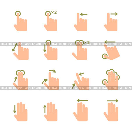 Touch screen hand gestures icons set of swipe pinch and tap isolated vector illustration. Стоковая иллюстрация, агентство Ingram Publishing / Фотобанк Лори