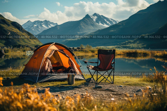 Tourism concept. Tourist tent camping in summer mountains near the lake. Стоковое AI-изображение, AI-художник Ирина Михайличенко / Фотобанк Лори