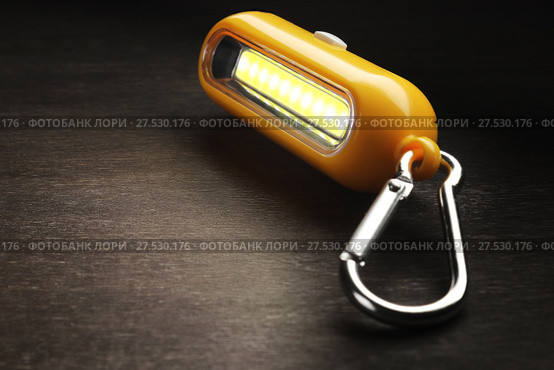 Tourist flashlight key chain with carabiners on a wooden background. Стоковое фото, фотограф Alexander / Фотобанк Лори