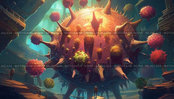 Towering Covid virus structures dominate a futuristic laboratory. Miniature scientists navigate the bustling alien-like environment, enhancing research and comprehension of microbial life. Стоковое AI-изображение, AI-художник Андрей Ка / Фотобанк Лори