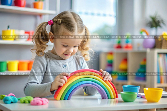 Toys. A little girl is playing educational games. A rainbow-shaped children's toy, colored pyramids and logic toys for children. Montessori games for child development. Стоковое AI-изображение, AI-художник Photojuli / Фотобанк Лори