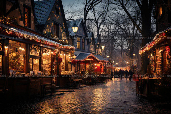 Traditional Christmas market in Germany. Advent Fair Decoration and Stalls with Crafts Items on the Bazaar. Стоковое AI-изображение, AI-художник Ирина Михайличенко / Фотобанк Лори