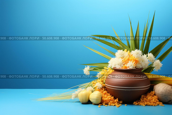 Traditional clay pot decorated with flowers and grains for pongal celebration. Стоковое AI-изображение, AI-художник Иван Рябоконь / Фотобанк Лори