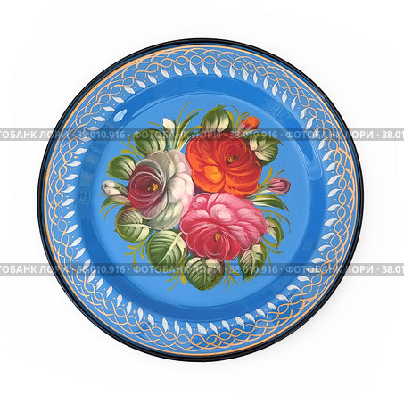 Traditional decorative metal tray with floral ornament from the village of Zhostovo, 19th century. Стоковое фото, фотограф Елена  Попкова / Фотобанк Лори