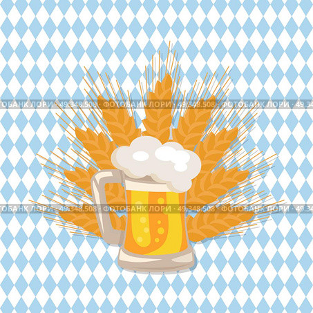 Traditional Glass of Beer with White Foam Vector. Traditional glass of beer vector illustration on checkered backdrop with ears of wheat. Light alchoholic beverage in transparent mug with handle. Стоковая иллюстрация, агентство Ingram Publishing / Фотобанк Лори
