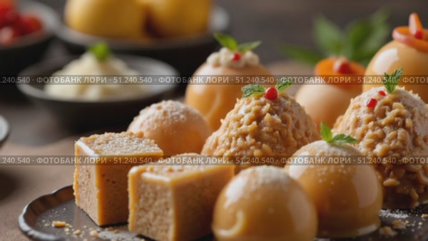 Traditional Indian sweets arranged on a plate with decorative elements. Стоковое AI-видео, аниматор KATERINA AI / Фотобанк Лори