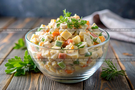 Traditional Russian Olivier salad for a feast on a plate on a wooden countertop. generative AI. Стоковое AI-изображение, AI-художник Photojuli / Фотобанк Лори