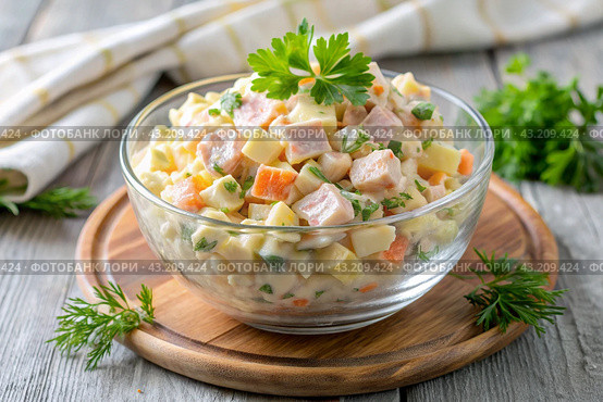 Traditional Russian Olivier salad for a feast on a plate on a wooden countertop. generative AI. Стоковое AI-изображение, AI-художник Photojuli / Фотобанк Лори