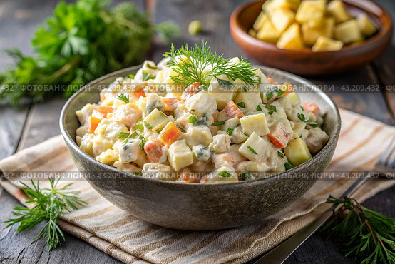 Traditional Russian Olivier salad for a feast on a plate on a wooden countertop. generative AI. Стоковое AI-изображение, AI-художник Photojuli / Фотобанк Лори
