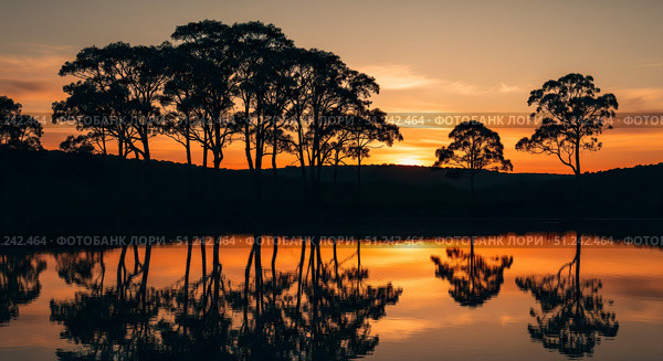 Tranquil nature landscape with tree silhouette reflection in peaceful lake at sunset, calm water mirroring forest on orange sky for travel or meditation background. Стоковое AI-изображение, AI-художник Павел Муравьев / Фотобанк Лори