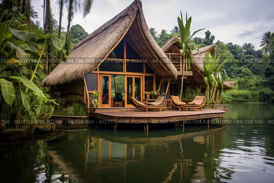Tranquil waterside cabin with traditional thatched roof amidst lush greenery. Стоковое AI-изображение, AI-художник Иван Рябоконь / Фотобанк Лори
