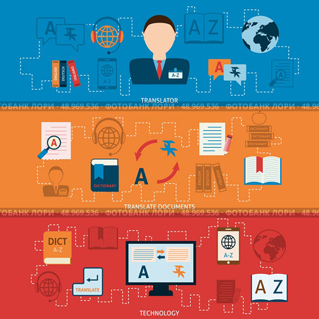 Translation interpretation and electronic digital mobile devices interlengual dictionaries technology horizontal banners set abstract flat vector illustration. Стоковая иллюстрация, агентство Ingram Publishing / Фотобанк Лори