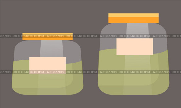 Transparent glass or plastic container with label. Jars that contains green liquid or matcha tea. Two pots with herbal powder or beverage isolated on grey background. Vector illustration in flat style. Jars with Green Liquid or Matcha, Pots Isolated. Стоковая иллюстрация, агентство Ingram Publishing / Фотобанк Лори