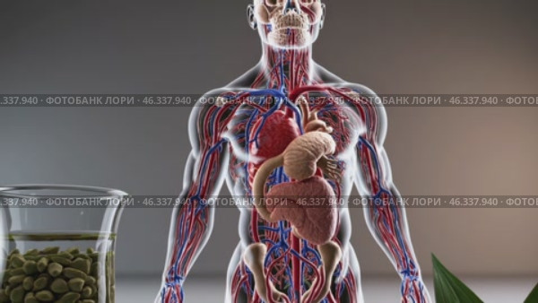 Transparent male body showcasing circulatory and respiratory systems with herbal remedies. Стоковое видео, видеограф Данил Руденко / Фотобанк Лори