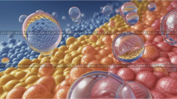 Transparent microscopic spheres bouncing vigorously across vibrant textured surface, generating dynamic scientific visual exploration. Стоковое AI-видео, аниматор Юрий Поздников / Фотобанк Лори