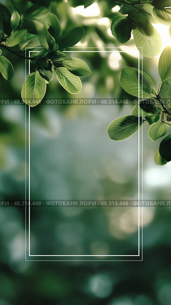 Transparent Text Box Centered on Blurred Natural Background, Green Leaves. Прозрачная рамка для текста на размытом естественном фоне, зеленые листья. Стоковое AI-изображение, AI-художник Katsiaryna Repich / Фотобанк Лори