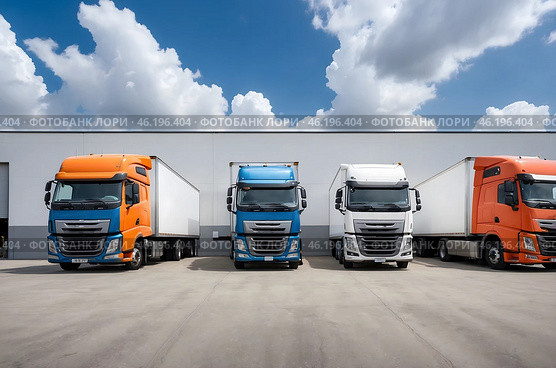 Transport Trucks at Factory Warehouse. A factory warehouse with transport trucks parked outside. Стоковое AI-изображение, AI-художник Александр Поташев / Фотобанк Лори