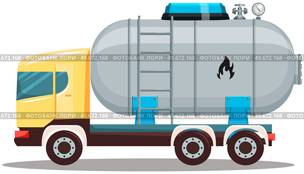 Transportation of huge metal tank with industrial liquefied compressed oxygen, petroleum, propane. Gas cylinder with high pressure and valves. Gas cylinder, pressurized substance storage on truck. Transportation of huge metal tank with propane. Gas cylinder, pressurized substance storage on truck. Стоковая иллюстрация, агентство Ingram Publishing / Фотобанк Лори