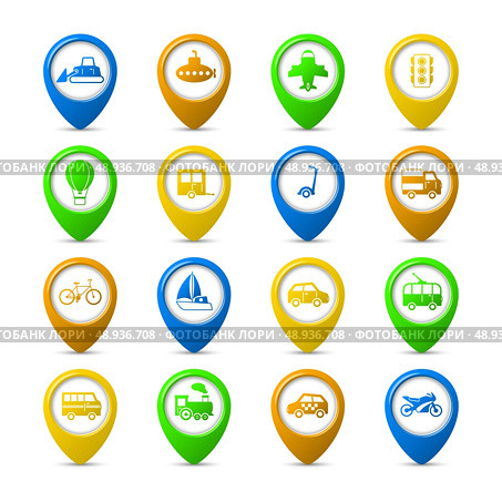 Transportation vehicles navigation pins set of passenger train tram taxi isolated vector illustration. Стоковая иллюстрация, агентство Ingram Publishing / Фотобанк Лори