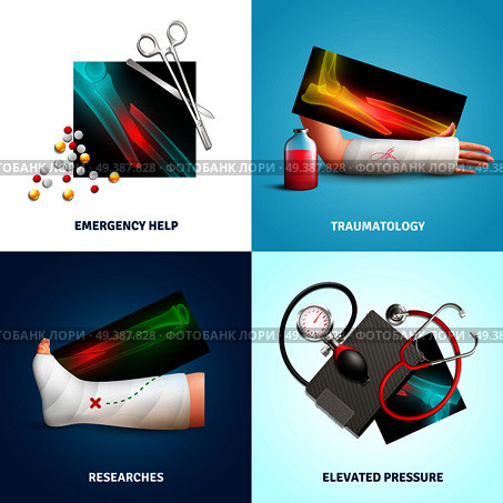 Trauma design concept with emergency medicine help, limbs fracture, researches, elevated pressure isolated vector illustration. Medicine Trauma Design Concept. Стоковая иллюстрация, агентство Ingram Publishing / Фотобанк Лори