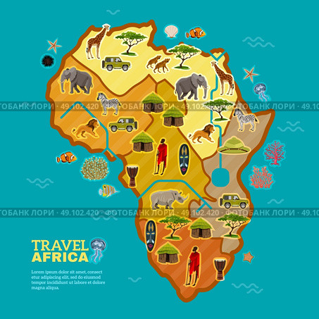 Travel Africa Poster. African continent poster divided with different types of tourism populating flora and fauna on the sea background vector illustration. Стоковая иллюстрация, агентство Ingram Publishing / Фотобанк Лори