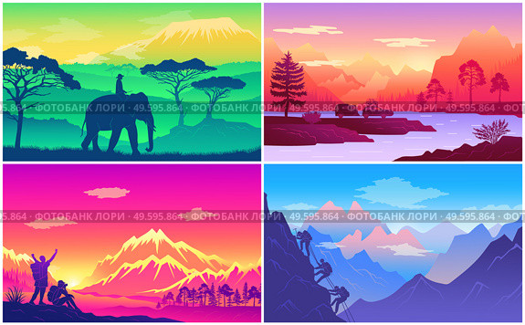 Traveling in exotic countries, africa, man riding at elephant, travel by car to river, happy tourisits near high mountains, climbing at rock, hiking, colorful illustrations, love traveling, explorers. Traveling in exotic countries, man riding at elephant, travel by car to river, happy tourisits. Стоковая иллюстрация, агентство Ingram Publishing / Фотобанк Лори