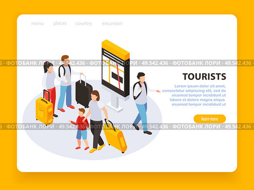 Traveling people page design with tourism symbols isometric vector illustartion. Стоковая иллюстрация, агентство Ingram Publishing / Фотобанк Лори