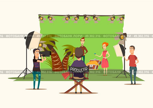 Treasure Chest Movie Composition. Lucky situations movie shooting composition with film set design imitating treasure island scenery with production unit vector illustration. Стоковая иллюстрация, агентство Ingram Publishing / Фотобанк Лори