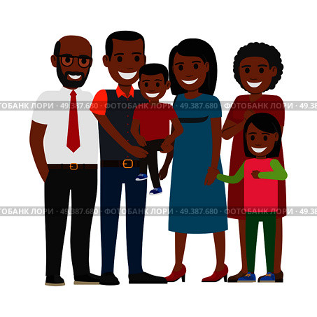Tree generations of family together. African american boy and girl with their parents and grandparents isolated flat vector. Happy relatives illustration for family values and relations concepts. Tree Generations of Family Together Flat Vector. Стоковая иллюстрация, агентство Ingram Publishing / Фотобанк Лори