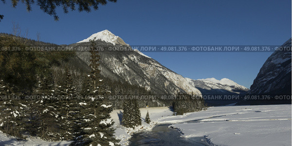 Trees with mountains in snow covered valley, Emerald Lake, Yoho National Park, British Columbia, Canada. Стоковое фото, агентство Ingram Publishing / Фотобанк Лори