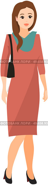 Trendy woman holding clutch bag. Stylish young businesswoman in elegant dress standing with handbag. Smiling female character in fashionable apparel. Girl in heels while walking vector illustration. Stylish young woman in elegant dress standing with handbag. Smiling lady in fashionable apparel. Стоковая иллюстрация, агентство Ingram Publishing / Фотобанк Лори