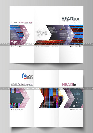 Tri-fold brochure business templates on both sides. Easy editable abstract layout in flat design, vector illustration. Glitched background made of colorful pixel mosaic. Digital decay, signal error, television fail. Trendy glitch backdrop. Стоковая иллюстрация, агентство Ingram Publishing / Фотобанк Лори