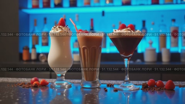 Три красочных коктейля со взбитыми сливками на стойке бара / Three colorful cocktails with whipped cream on bar counter at night. Стоковое AI-видео, аниматор DeFusum / Фотобанк Лори