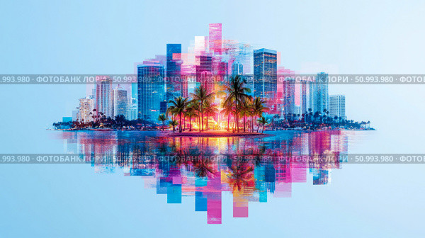Tropical Cityscape Reflection: A Digitally Altered Seascape. Стоковое AI-изображение, AI-художник Данила Большаков / Фотобанк Лори