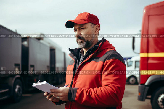 Truck driver doing vehicle inspection and writing on clipboard. Стоковое AI-изображение, AI-художник Иван Рябоконь / Фотобанк Лори